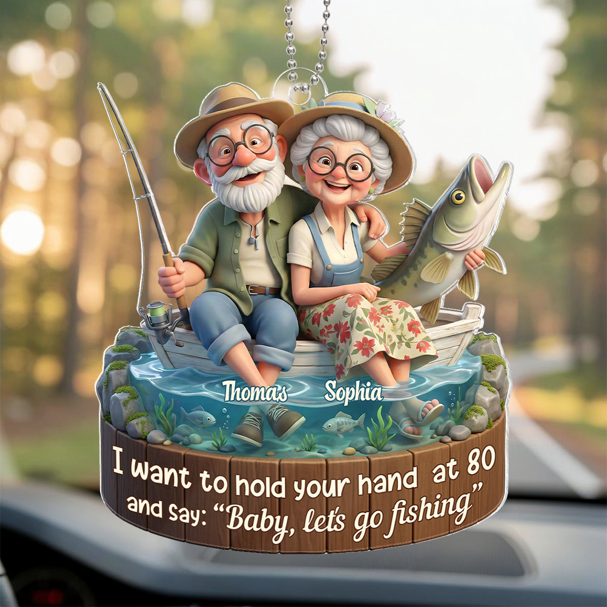 Baby Let's Go Fishing Old Couple - Personalized Acrylic Car Hanger - Sentimental Gift for him, for her