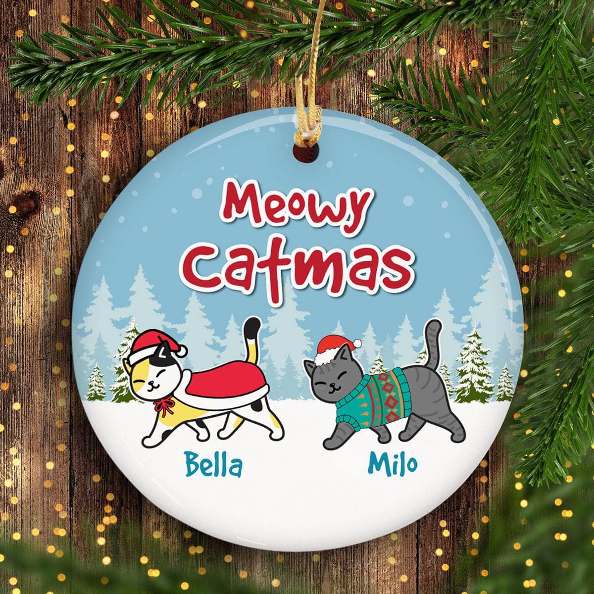 Cat Christmas Walking In The Snow Personalized Circle Ornament