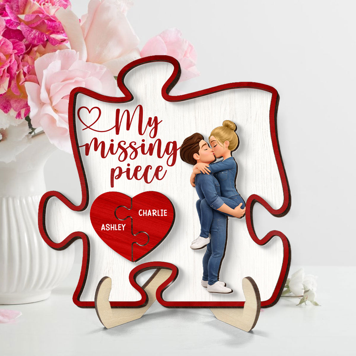 Couple Kissing My Missing Piece Red Puzzle - Personalized 2-Layered Wooden Plaque - Anniversary, Valentine's Day Gift, Gift For Him, Gift For Her