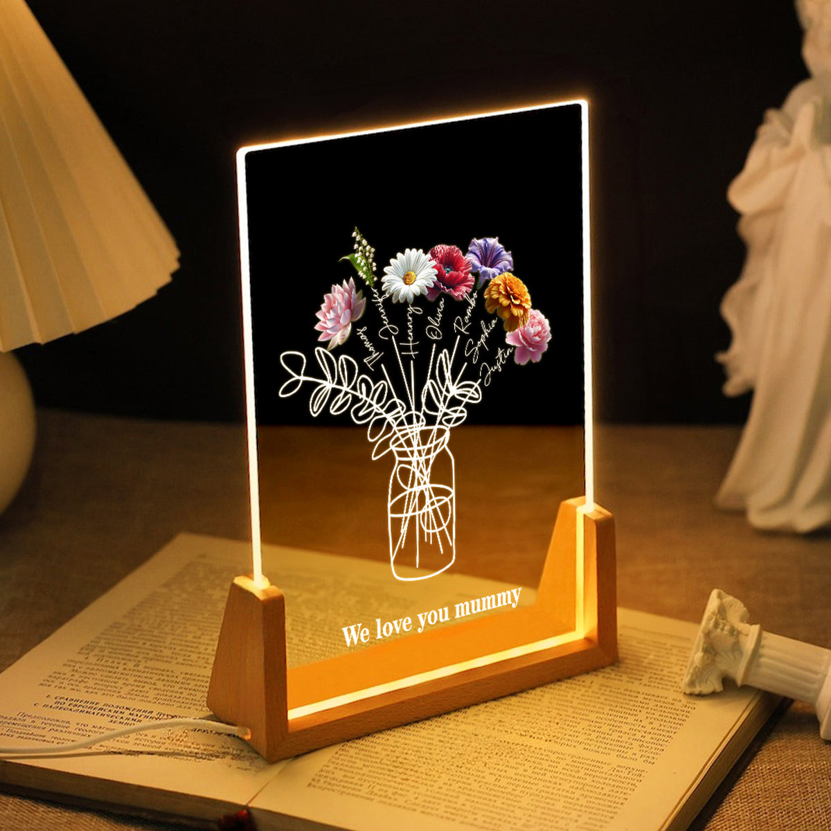 Family Birth Month Flowers Bouquet - Personalized Acrylic Block LED Night Light - Heartfelt Gift For Mom, Grandma