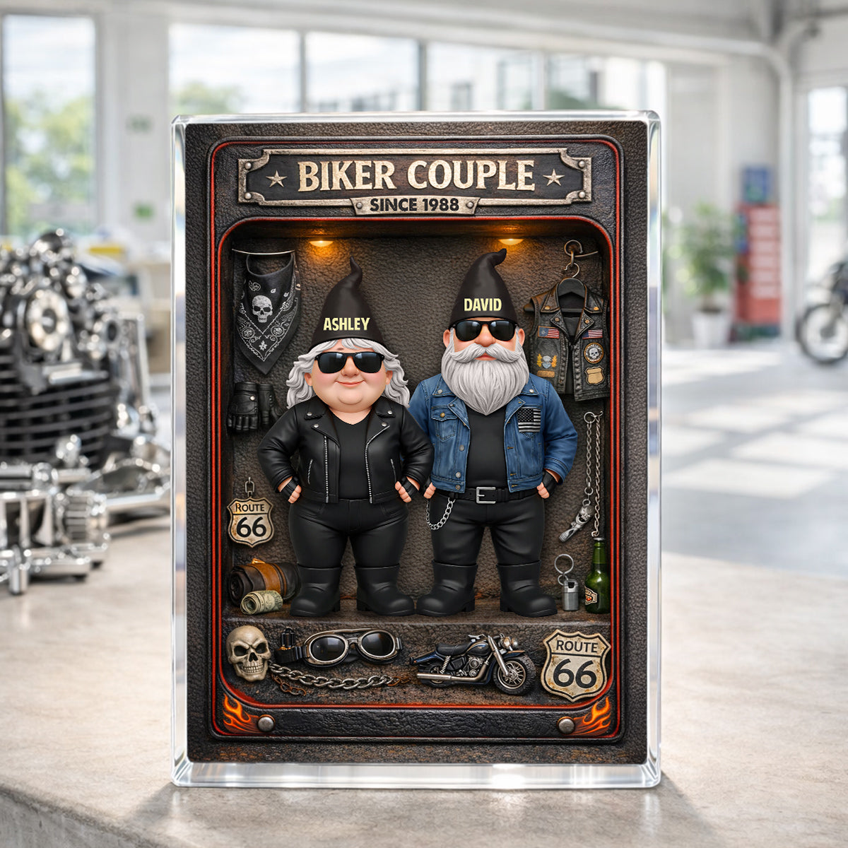 Biker Couple Custom Action Figure - Personalized Acrylic Block Plaque - Anniversary, Valentine's Day Gift, Gift For Him, Gift For Her