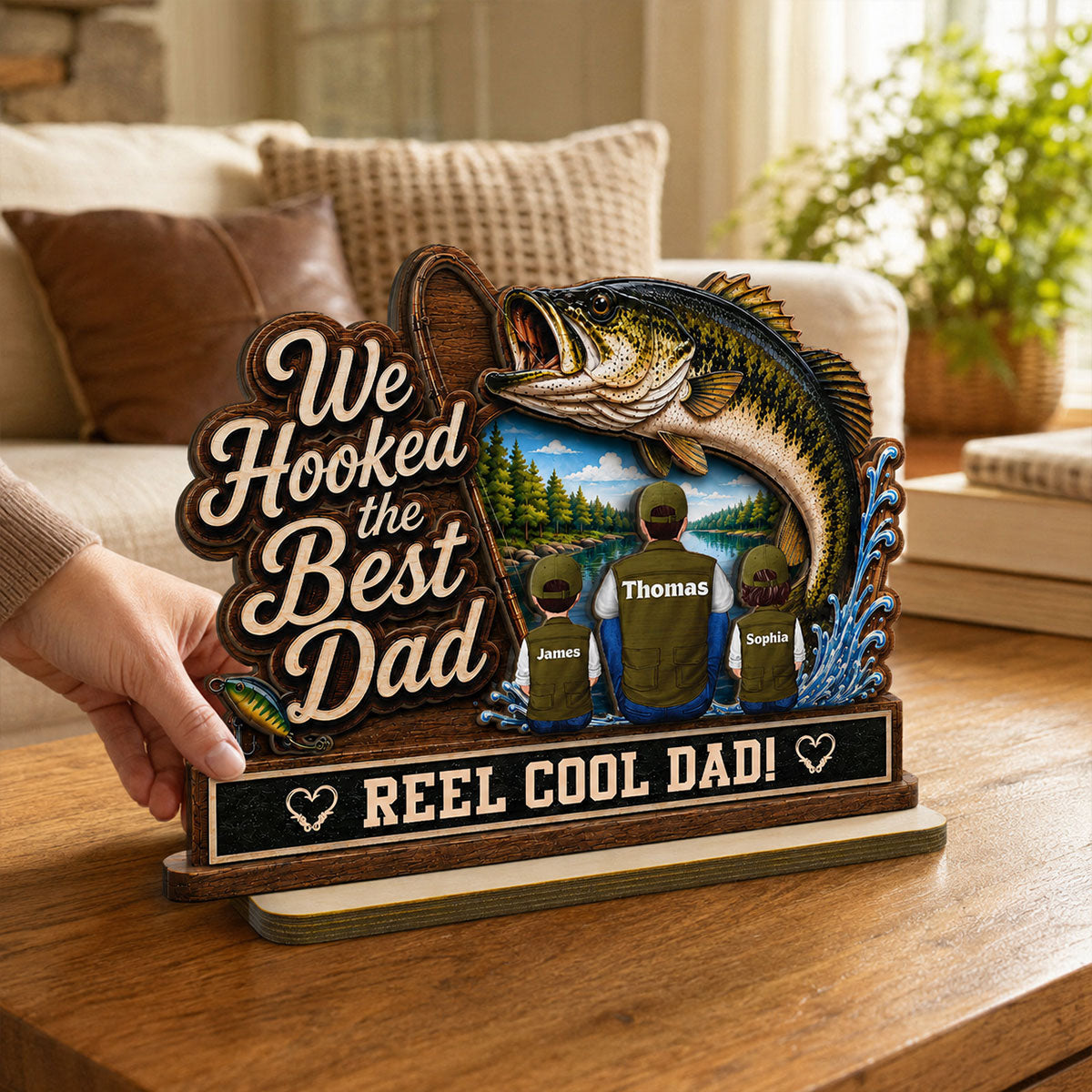 We Hooked The Best Dad Grandpa Back View 2D Flat - Personalized 2-Layered Wooden Plaque -  Gift For Fishing Lovers