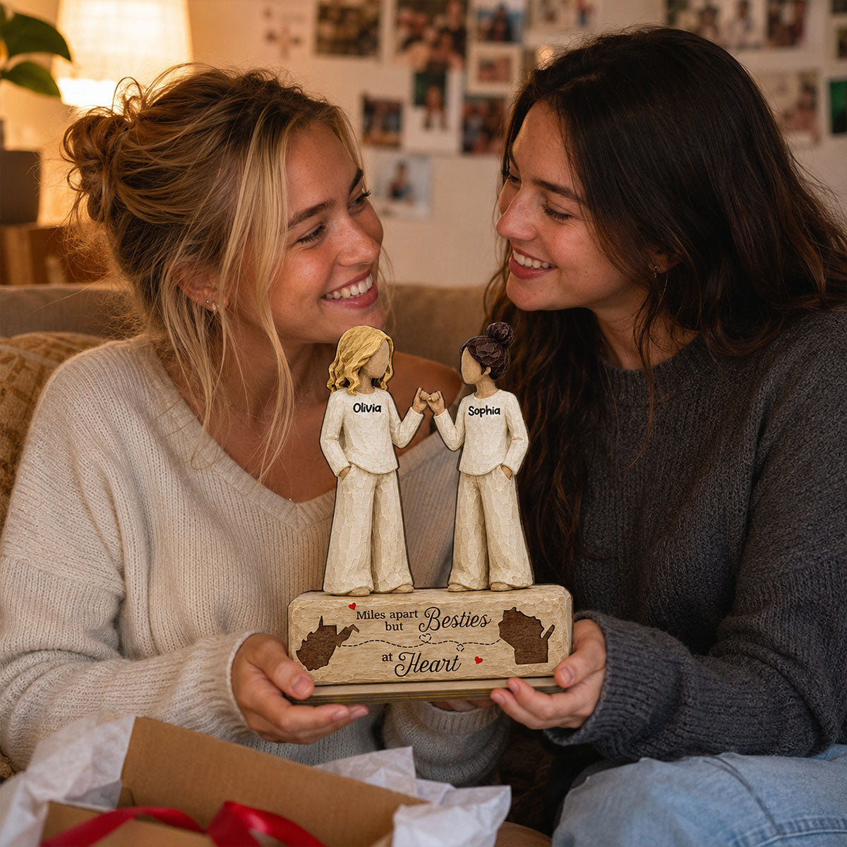 Pinky Promise Miles Apart Besties At Heart 2D Flat - Personalized 2-Layered Wooden Plaque - Birthday Gift, Long Distance Friendship Gift for Best Friends