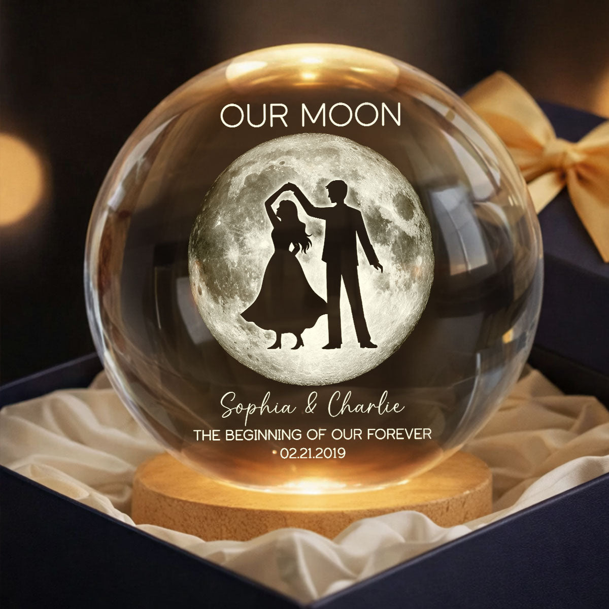 Couple Dancing in the Moonlight, Custom Moon Phase by Date - Personalized Crystal Ball LED Night Light, Sentimental Valentine's Day Gift for Her, for Him
