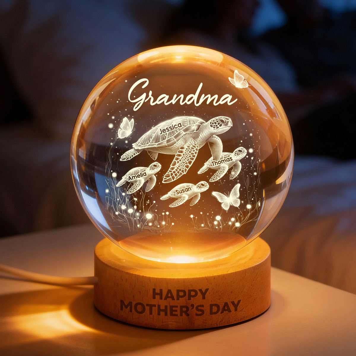 Grandma Mom Sea Turtle - Personalized Crystal Ball LED Night Light - Mother's Day Gift for Grandma