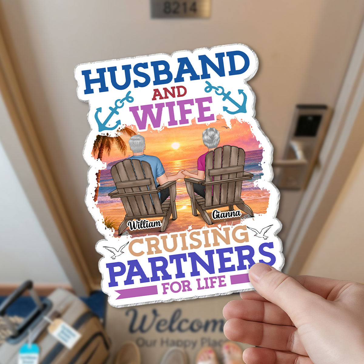Husband & Wife Cruising Partners For Life Porthole Couple Back View - Personalized Cruise Ship Door Magnet