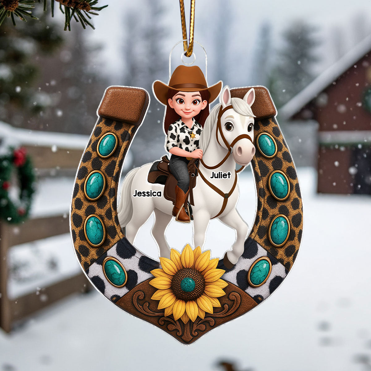 3D Effect Cowgirl And Her Horse Horseshoe - Personalized Acrylic Ornament - Christmas Gift