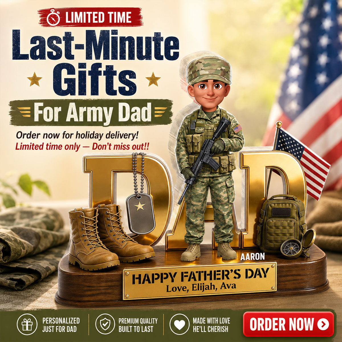 Proud American Military Armed Force Hero Dad 2D Flat - Personalized Acrylic Block Plaque -  Gift For Dad