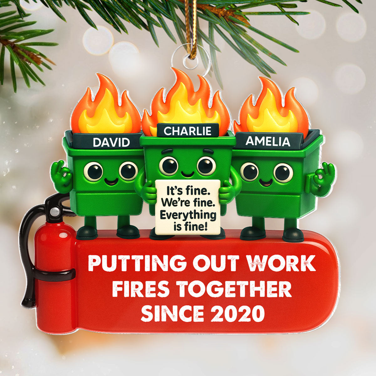 Funny Dumpster Fire Office Chaos - Personalized Acrylic Ornament - Funny Christmas Gift, White Elephant Gift for Coworkers