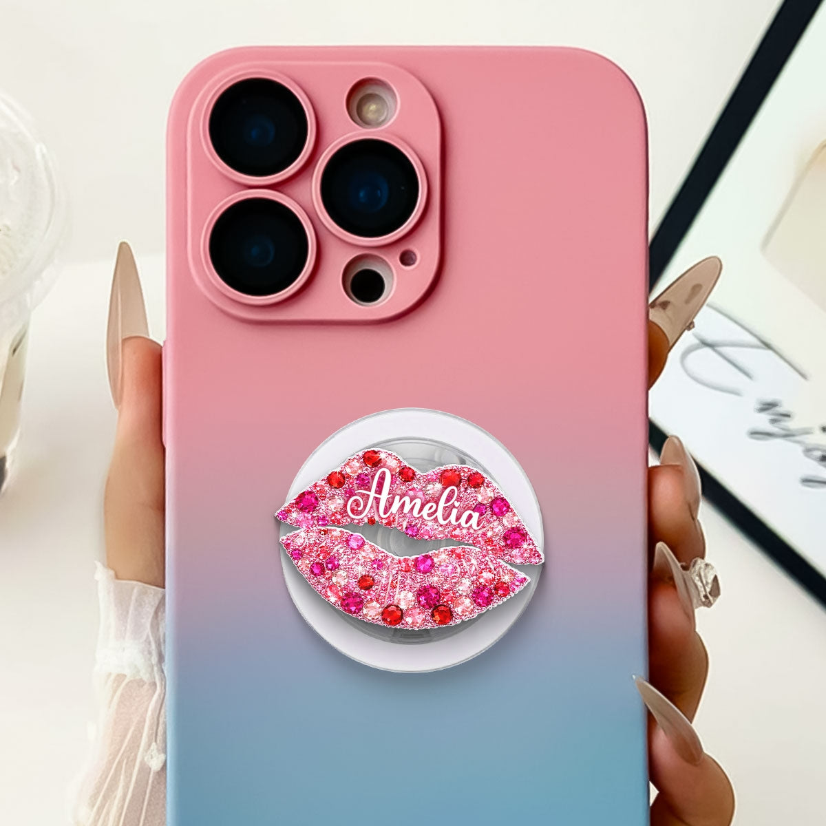 3D Effect Kiss Valentine - Personalized Acrylic Magnetic Phone Grip - Anniversary, Valentine's Day Gift, Gift For Her