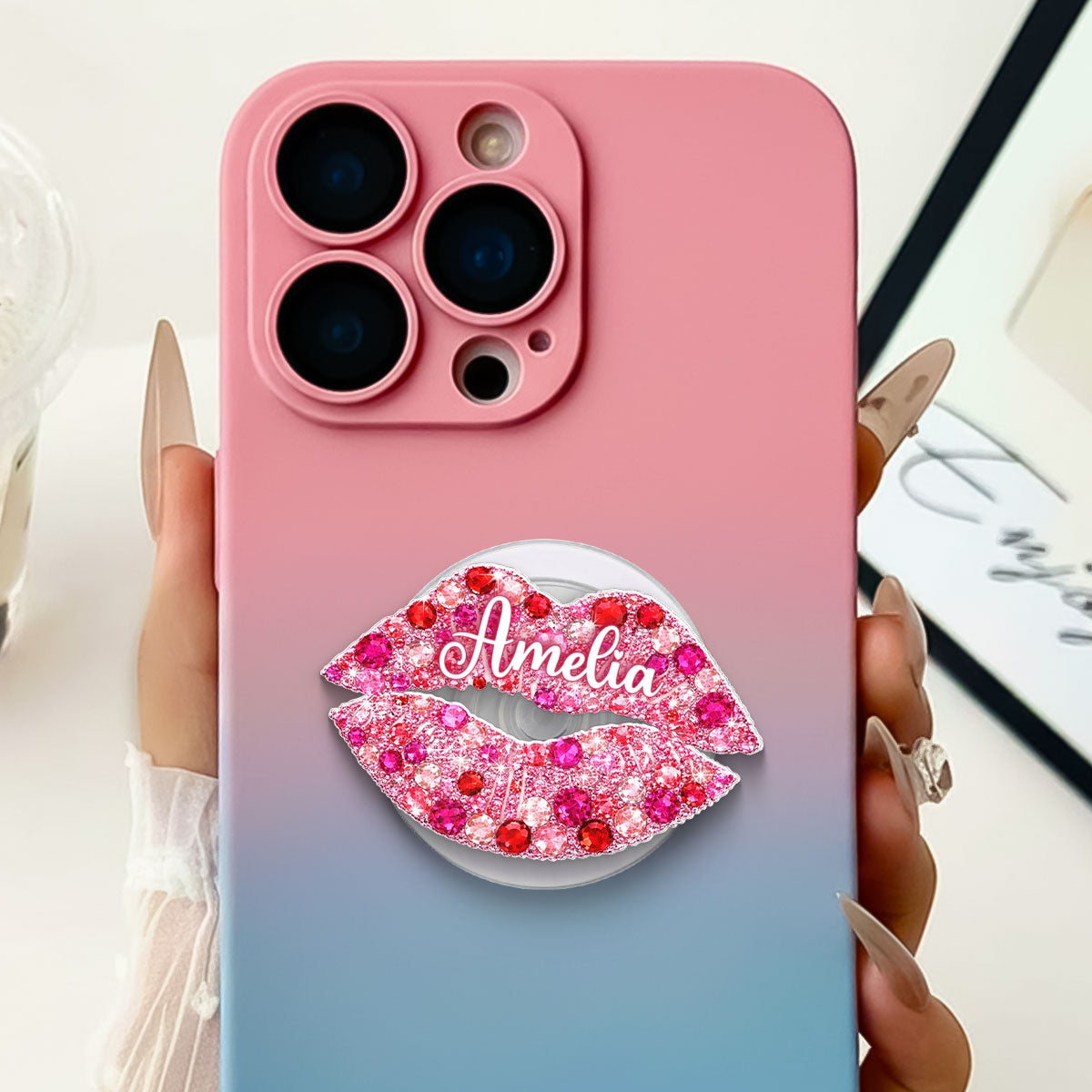 3D Effect Kiss Valentine - Personalized Acrylic Magnetic Phone Grip - Anniversary, Valentine's Day Gift, Gift For Her