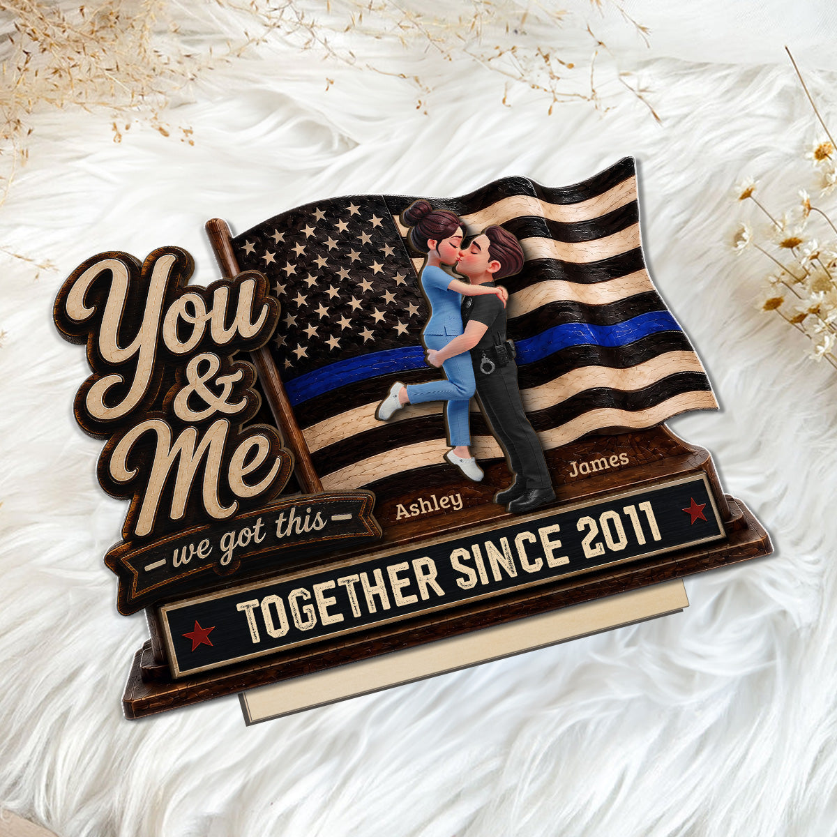 Proud Hero Couple You & Me We Got This 2D Flat - Personalized 2-Layered Wooden Plaque - Gift For Couple, For Him, For Her, Nurse, Police, Firefighter, Army