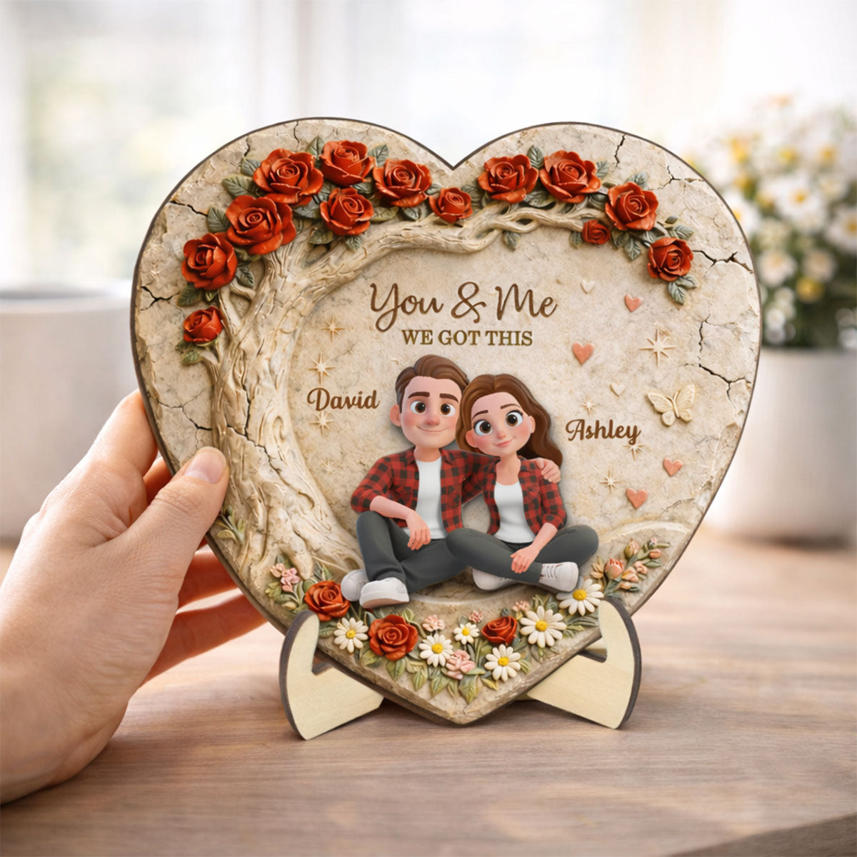 Couple Stone Romantic Heart Rose - Personalized 2-Layered Wooden Plaque - Anniversary, Valentine's Day Gift, Gift For Him, Gift For Her