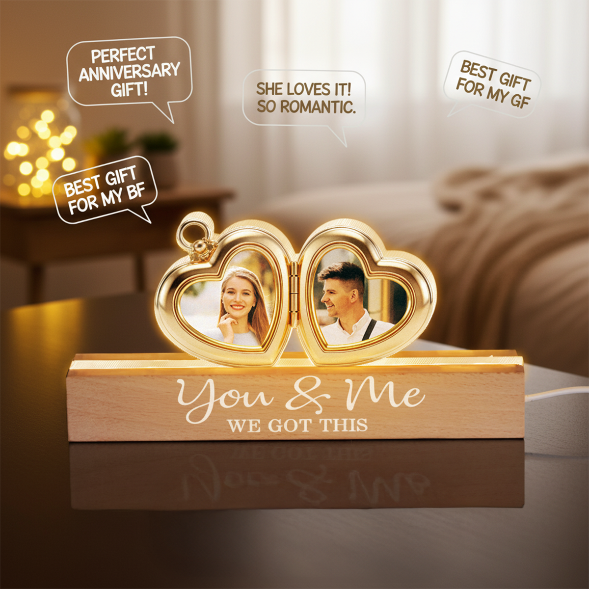 Hearts Locket Couple Photo - Personalized Acrylic Block Plaque LED Night Light - Valentine's Day Gift For Couple