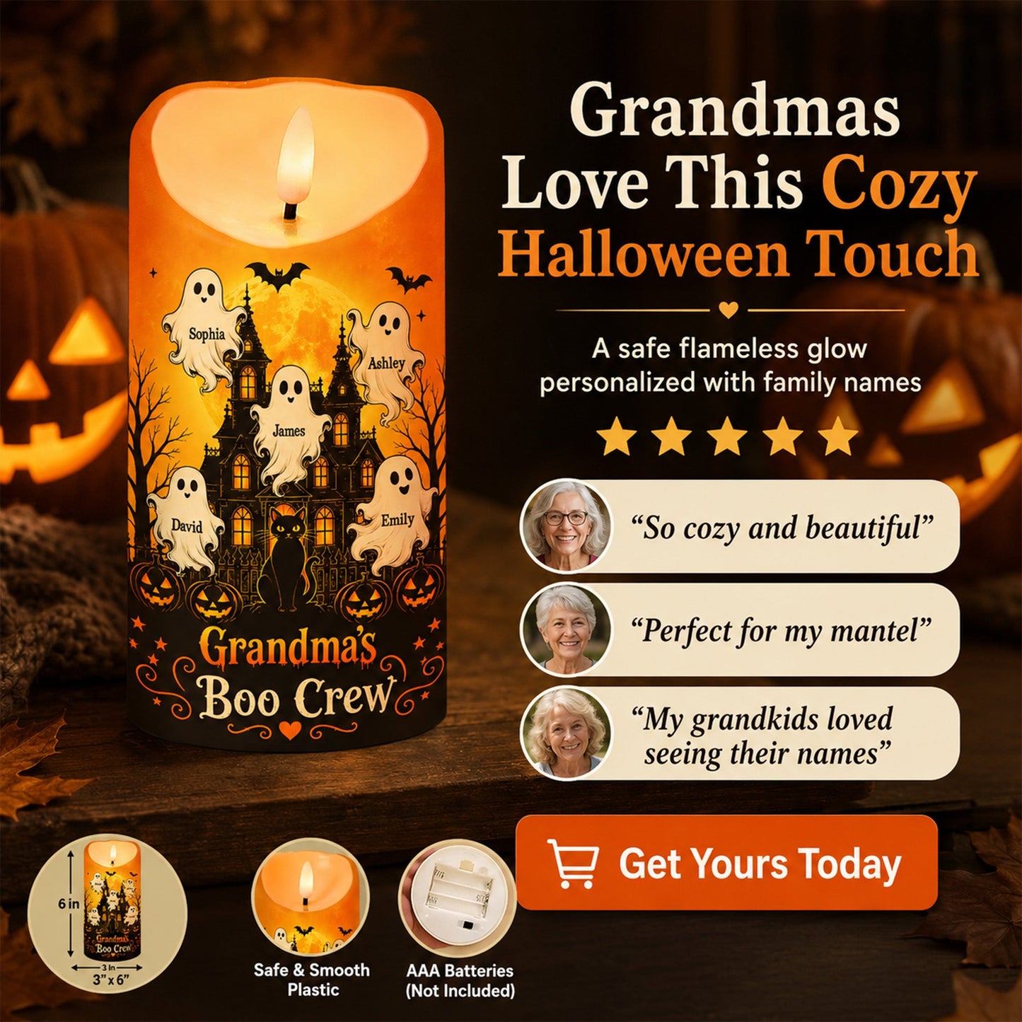 Grandma's Little Boo Crew Haunted House - Personalized LED Candle - Halloween Decor For Grandma