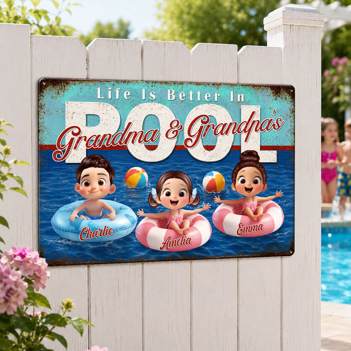 Life is Better in Grandma Grandpa's Pool - Personalized Metal Sign - Summer Decor Gift for Grandma, Grandparents