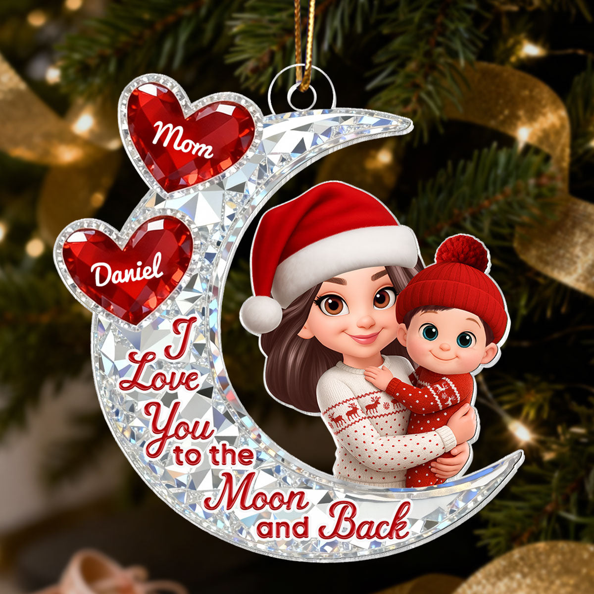3D Effect Flat Moon Grandma Grandkid Love You To The Moon And Back - Personalized Acrylic Ornament - Christmas Gift For All Grandkids