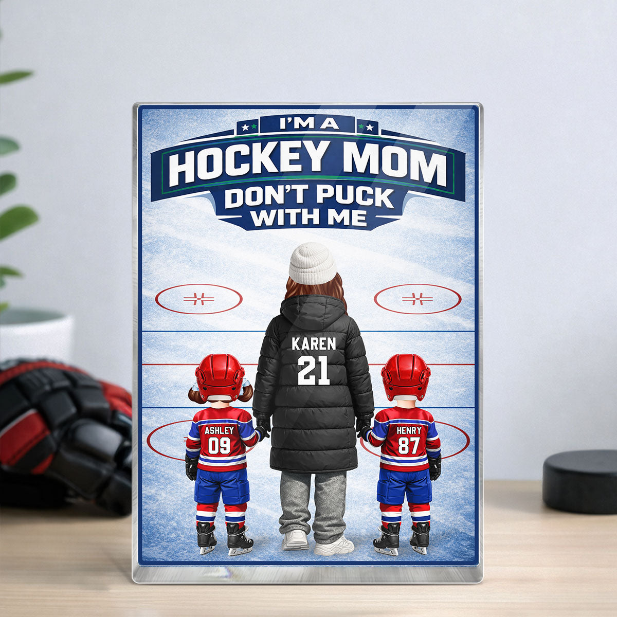 Hockey Mom And Her Kids - Personalized Acrylic Block Plaque - Heartfelt Gift For Hockey Mom