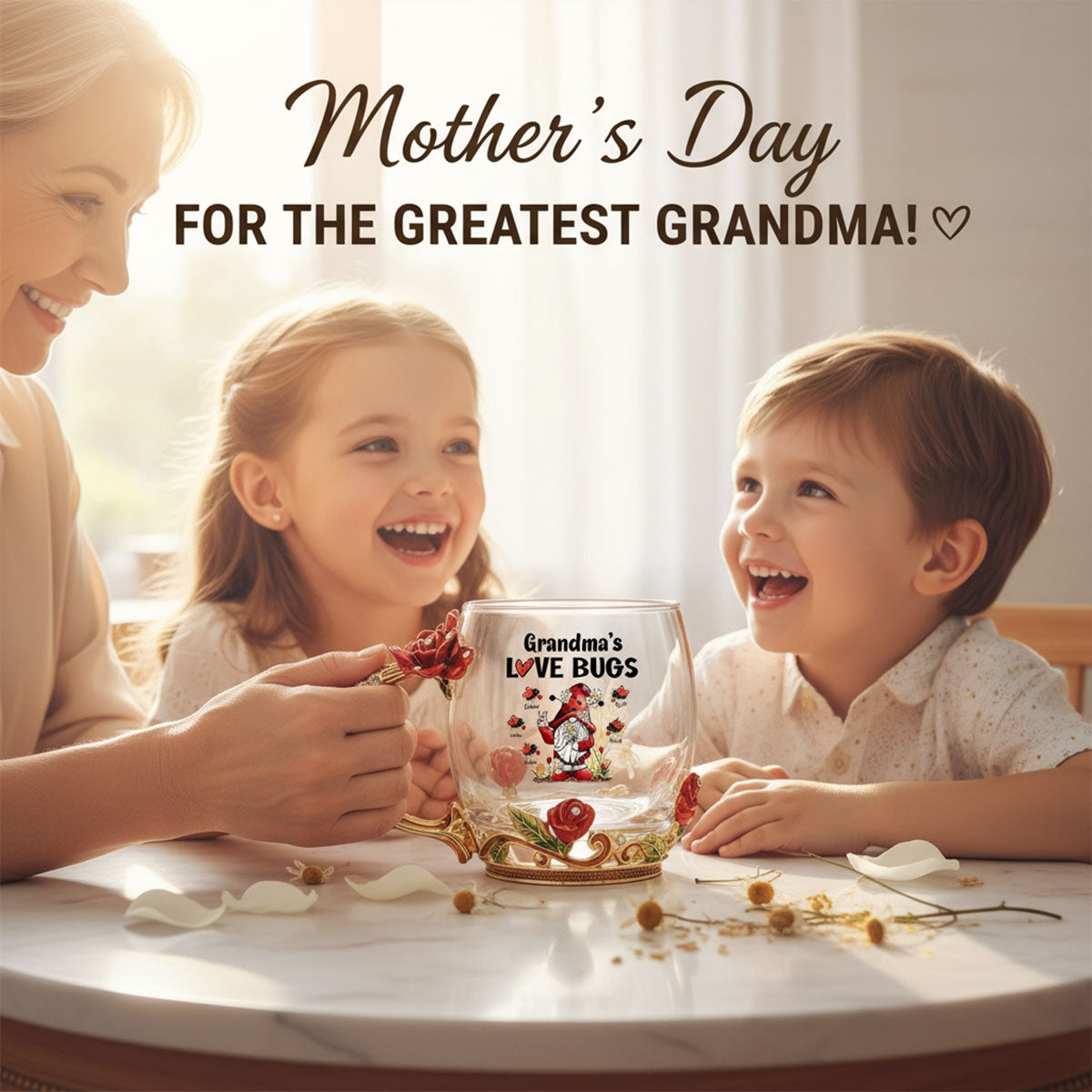 Grandma's Love Bugs - Personalized Enamel Flower Tea Cup - Gift For Grandma, Mom