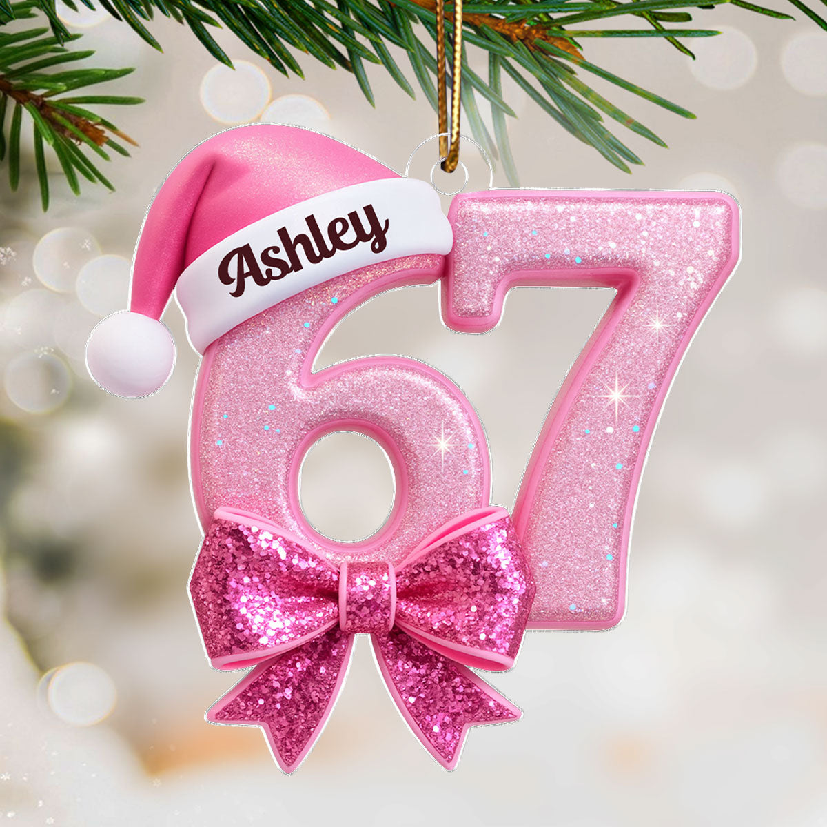 Custom 67 with Pink Croquette Bow - Personalzied Acrylic Ornament - Gift for Kid, Grandkids
