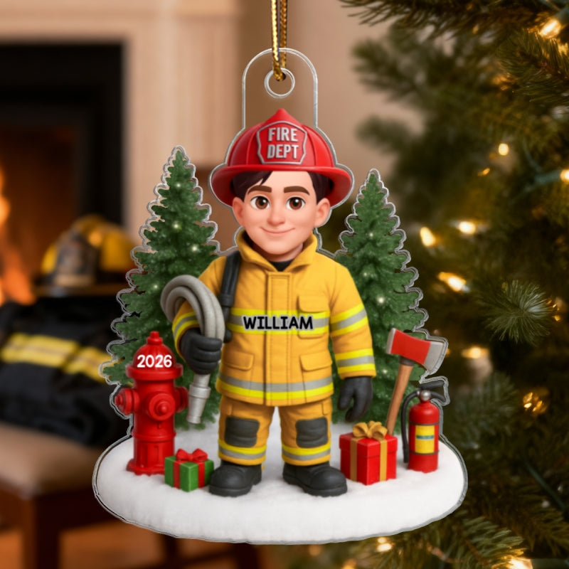 3D Effect Proud Firefighter With Signature Symbols Christmas - Personalized Acrylic Ornament
