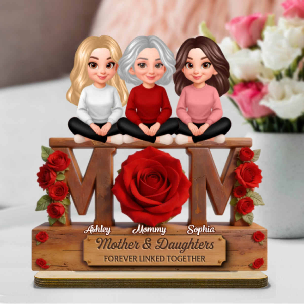 Beautiful Roses MOM And Daughters Sons - Personalized 2-Layered Wooden Plaque - Gift For Mom