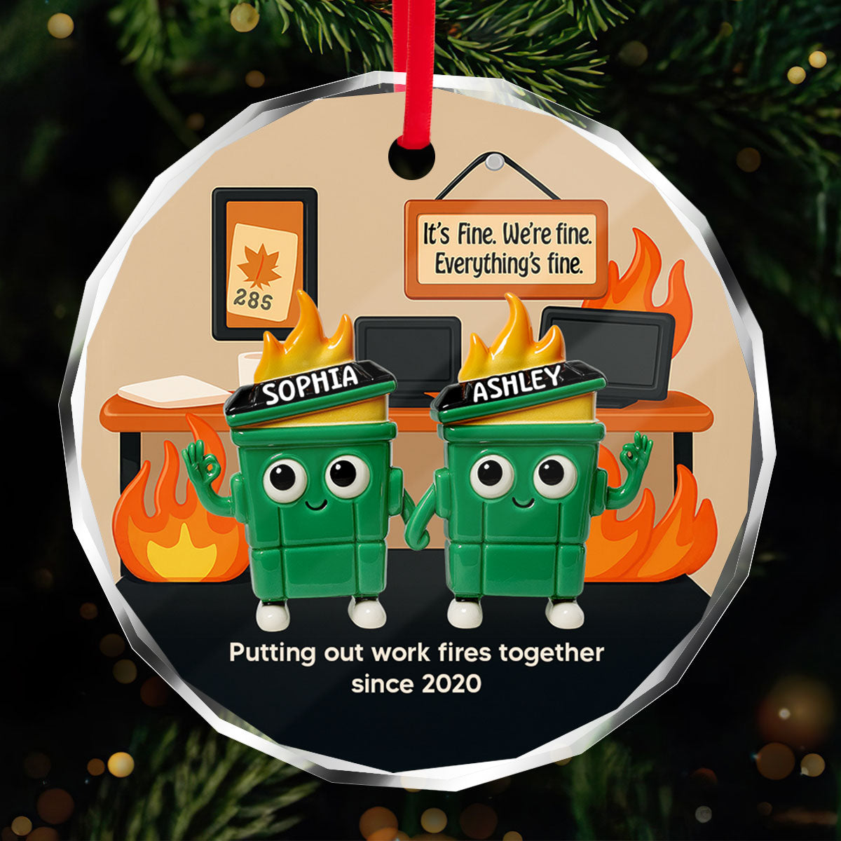 3D Effect Dumpster Fires In Office Scene - Personalized Glass Ornament - Funny Gift For Colleagues, Work Besties