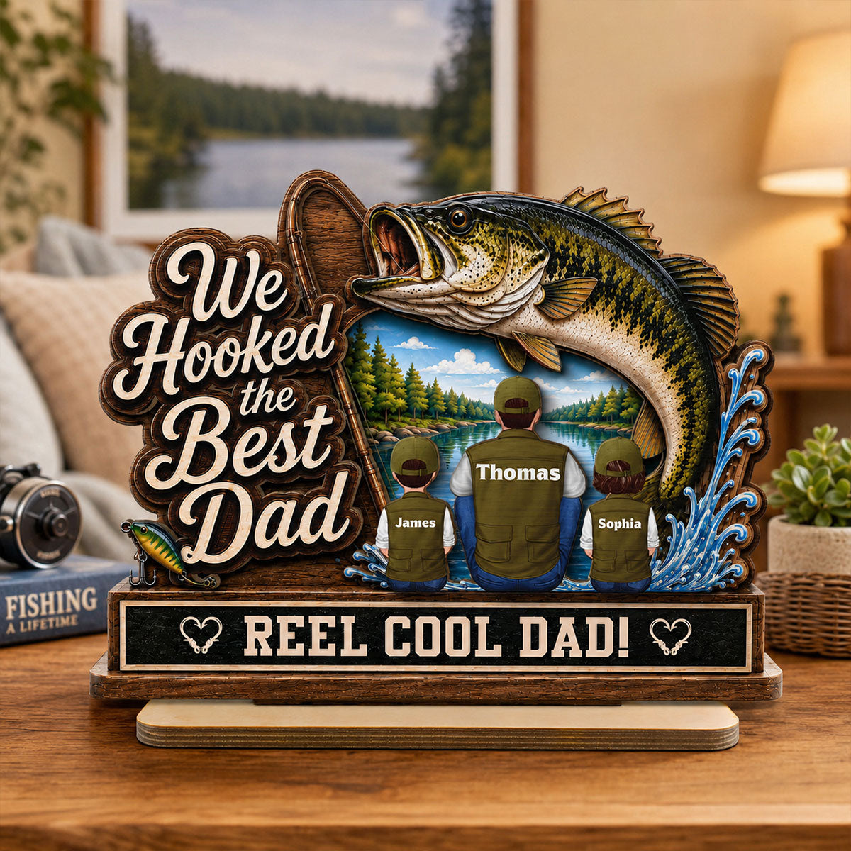 We Hooked The Best Dad Grandpa Back View 2D Flat - Personalized 2-Layered Wooden Plaque -  Gift For Fishing Lovers