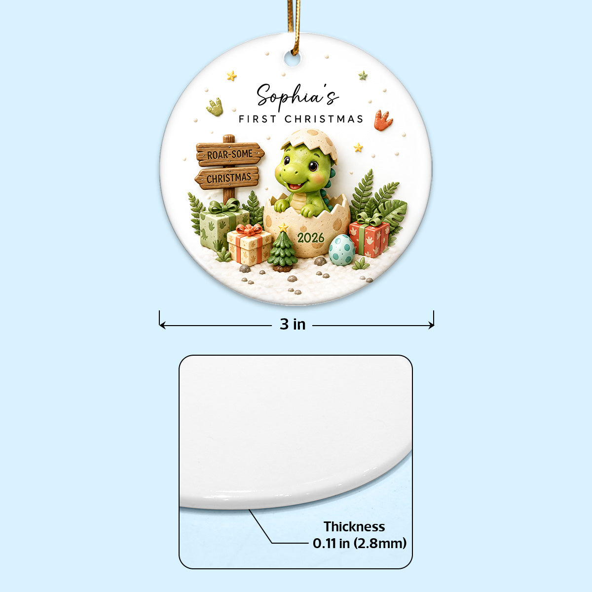 Baby Dinosaur First Christmas 2D Flat - Personalized Ceramic Ornament - Christmas Keepsake