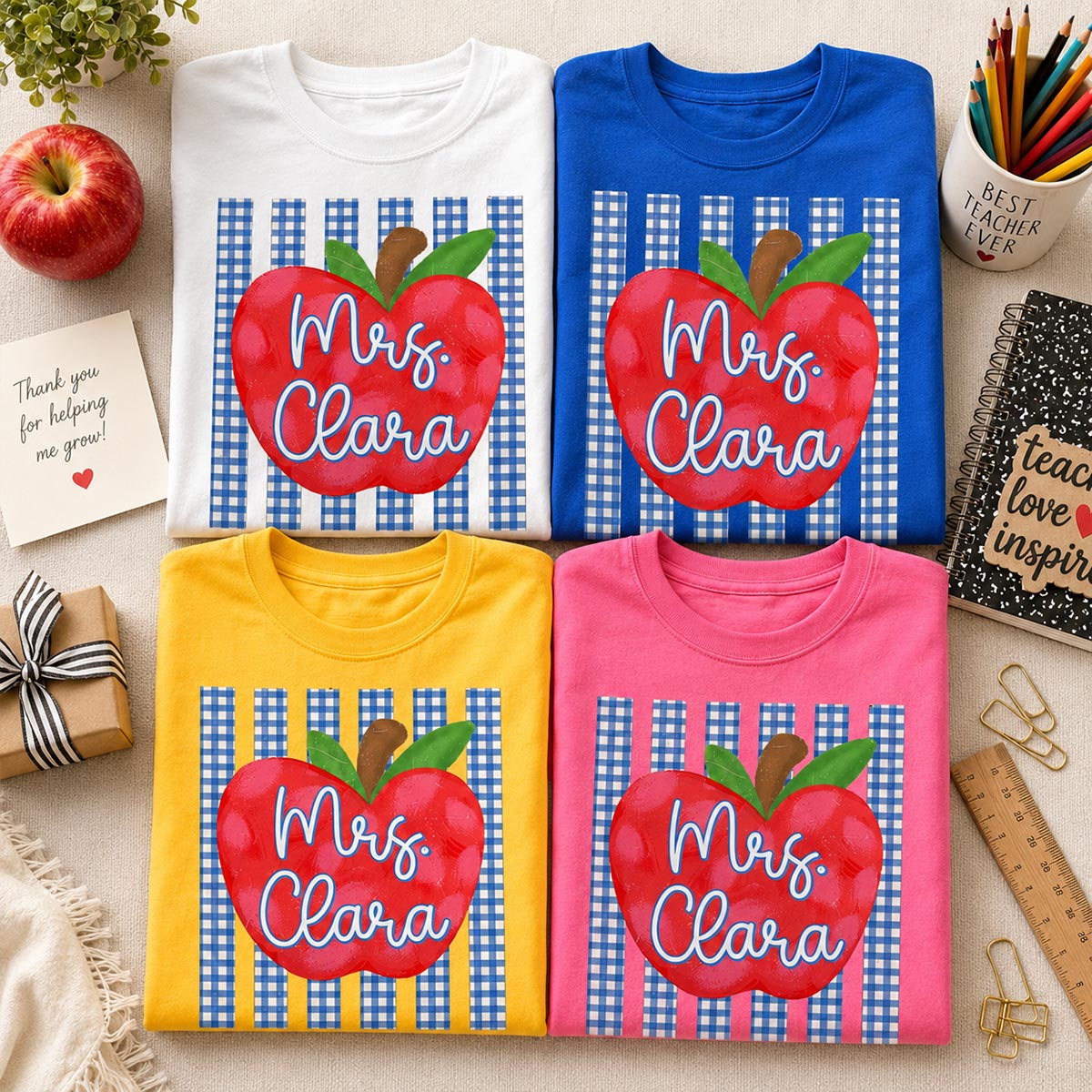 Striped Teacher Apple Custom Name - Personalized Shirt - Back To School Gift for Teachers