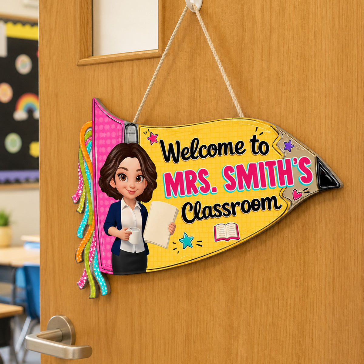 Pencil Pennant Flag Welcome To Teacher Classroom - Personalized Door Hanger