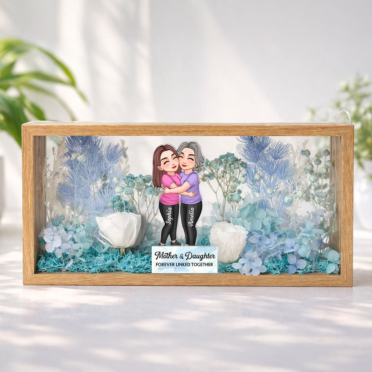 Mom & Daughter Forever Linked Together - Personalized DIY Flower Shadow Box LED Night Light - Gift For Mom, Daughter