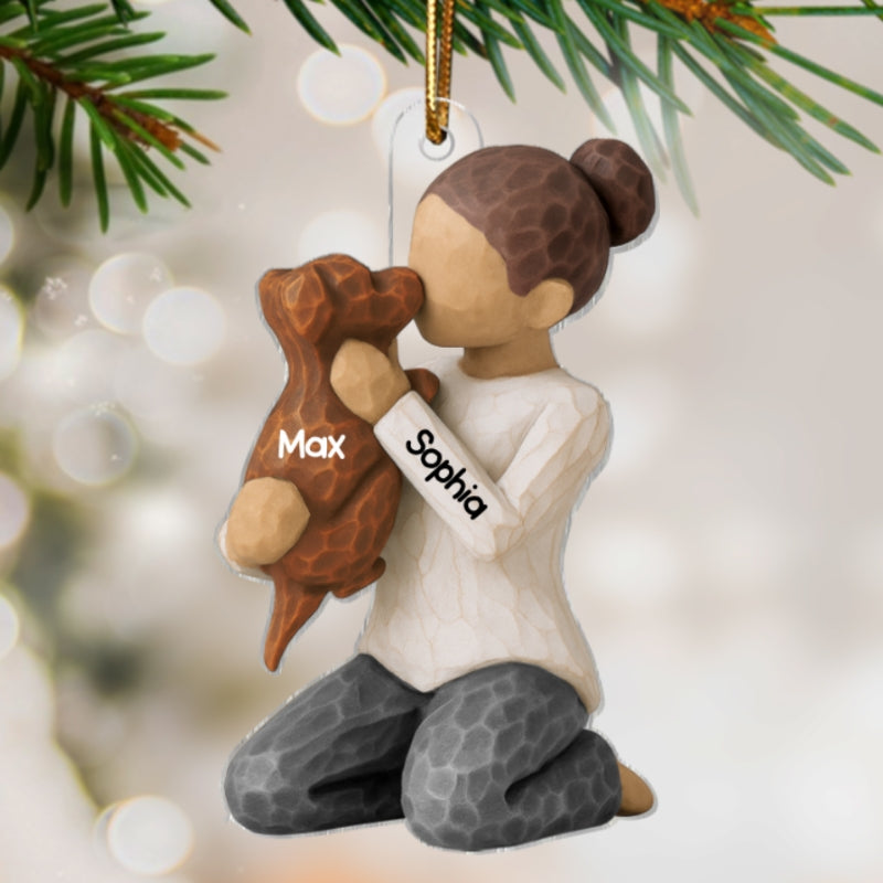 3D Effect Boy Girl Hugging Dog - Personalized Wooden Ornament - Christmas Gift For Dog Lovers