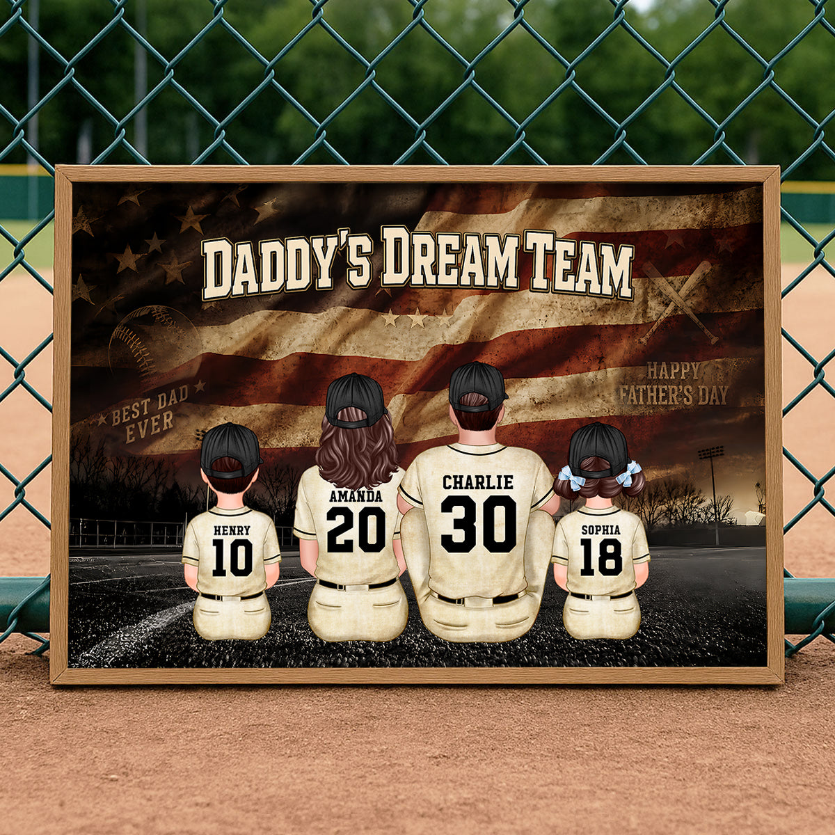 Daddy's Dream Team Baseball Nation Flag Family Sitting - Personalized Poster - Father's Day Gift for Dad, Husband
