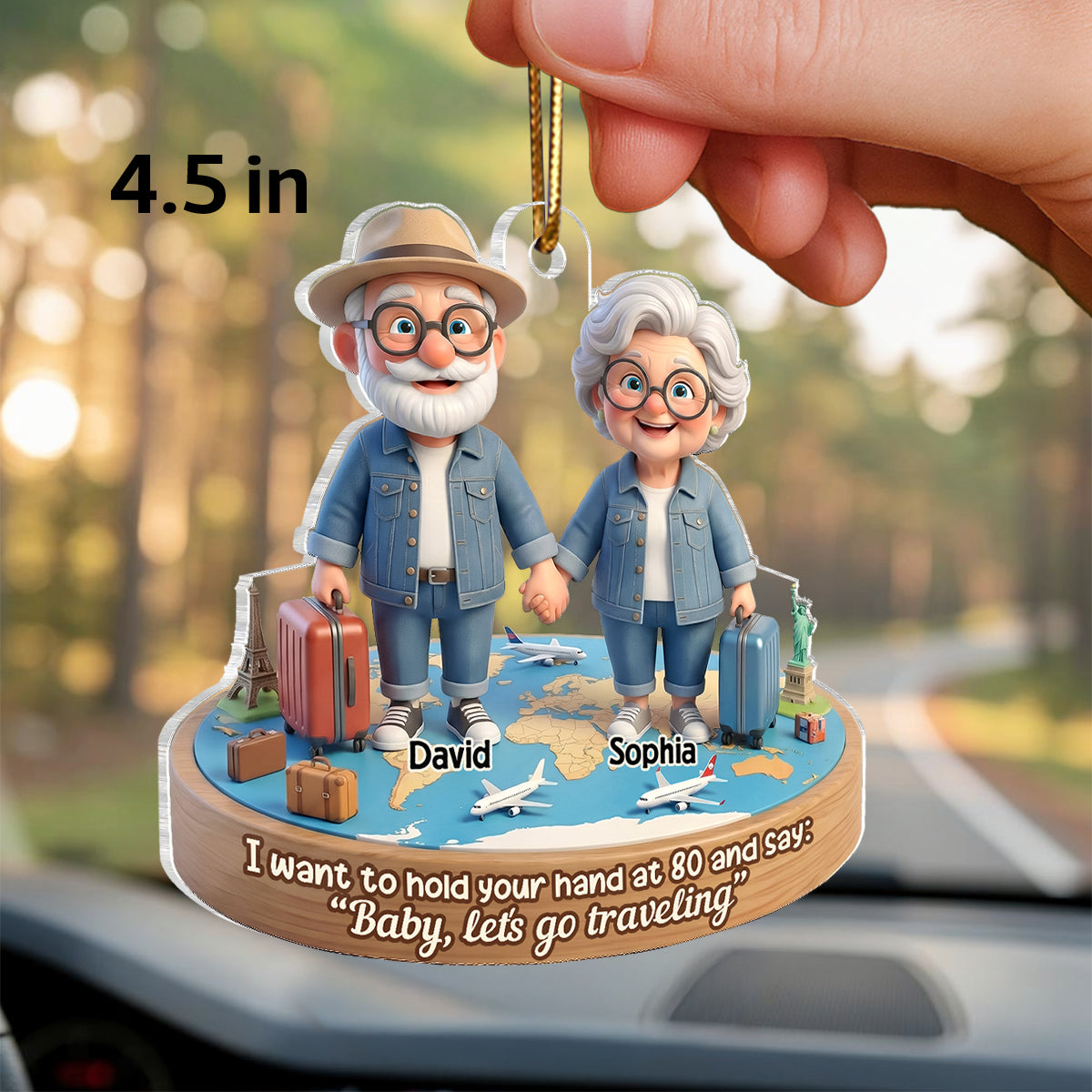 3D Effect Old Couple Baby Let's Go Traveling  - Personalized Acrylic Car Hanger - Sentimental Gift for him, for her