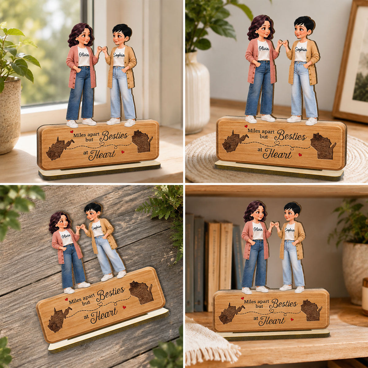 Pretty Besties Pinky Promise Miles Apart Besties At Heart 2D Flat - Personalized 2-Layered Wooden Plaque - Birthday Gift, Long Distance Friendship Gift for Best Friends
