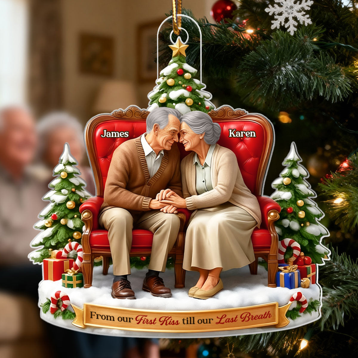 Old Couple Sitting Together from Our 1st Kiss til Our Last Breath - Personalized Acrylic Ornament - Christmas Gift for him, Gift for her