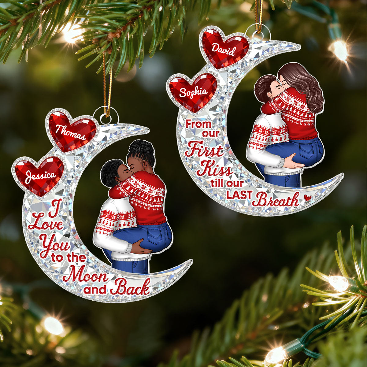 3D Effect Flat Moon Couple Hugging Kissing - Personalized Acrylic Ornament - Gift For Couple, Gift For Him, For Her