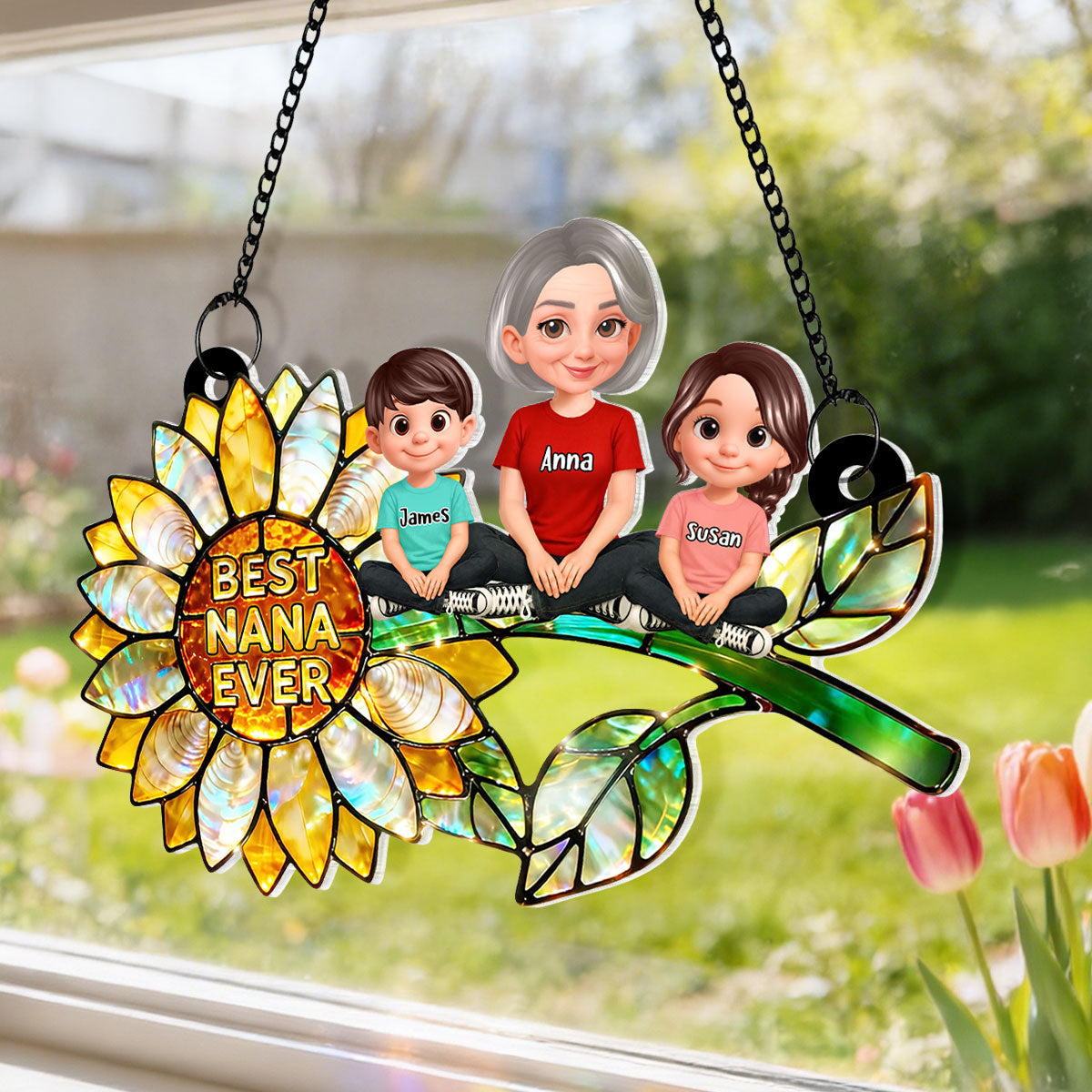 Sunflower Mom Grandma and Grandkids Sitting - Personalized Window Hanging Suncatcher - Mother's Day Gift for Mom, Wife
