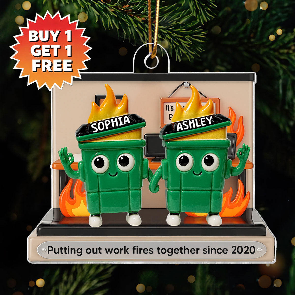 [BUY 1 GET 1 FREE] 3D Effect Dumpster Fires In Office Scene - Personalized Acrylic Ornament - Funny Gift For Colleagues, Work Besties