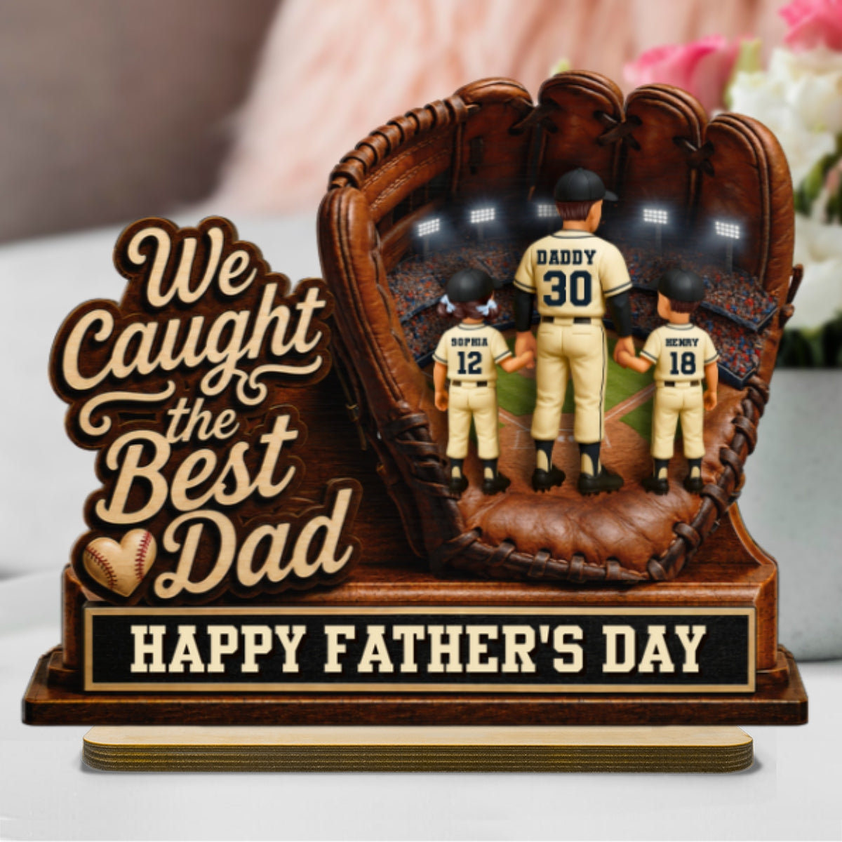 We Caught The Best Dad Dad & Kids In Glove - Personalized 2-Layered Wooden Plaque - Happy  For Baseball Dad