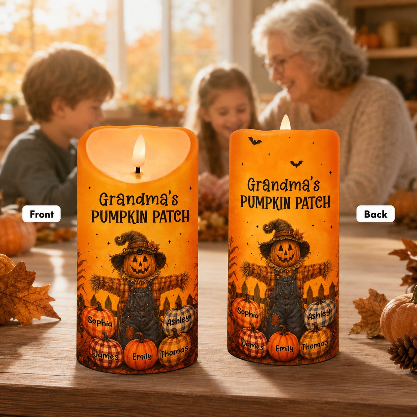 Grandma's Pumpkin Patch Scarecrow - Personalized LED Candle - Fall Season, Halloween Decor For Grandma
