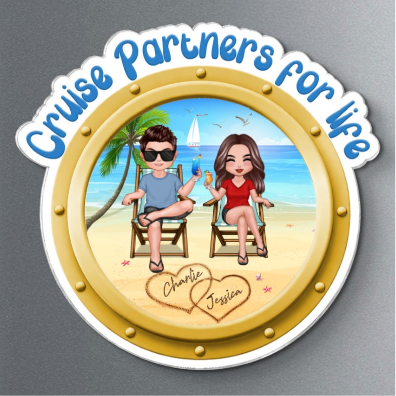 Cruise Partners For Life Porthole Doll Couple Sitting On The Beach - Personalized Cruise Ship Door Magnet
