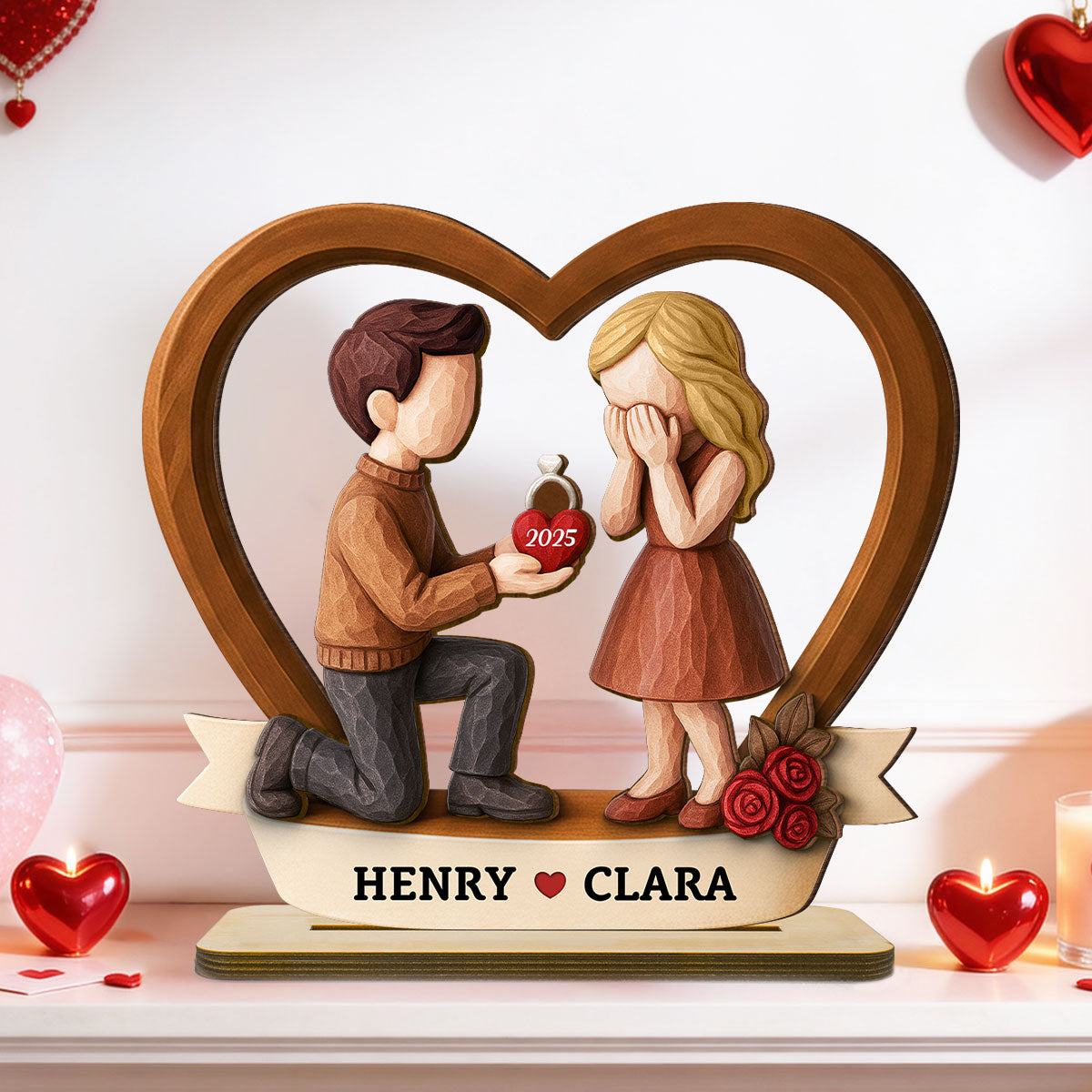 Couple Marriage Proposal 3D Wooden Effect - Personalized Wooden Plaque - Newly Engaged Gift, "She Said Yes!"