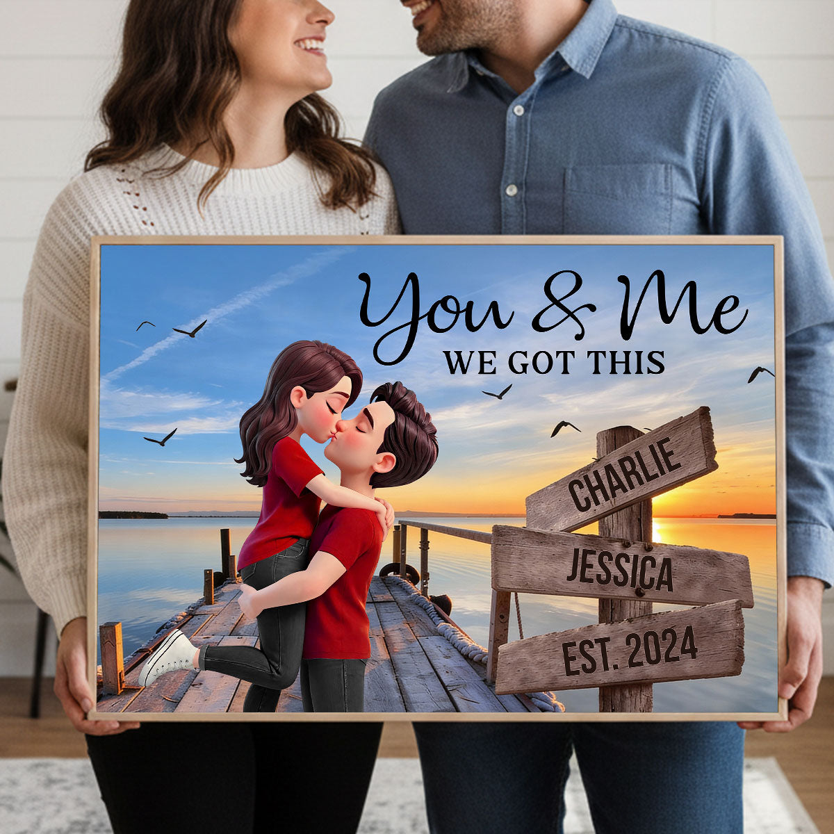 Eternal Love Couple Sitting At Lake Dock Sign Posts - Personalized Poster - Heartfelt Valentine, Anniversary Gift For Him, For Her