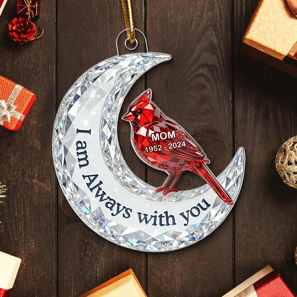 3D Effect Flat Christmas Cardinal On Moon Memorial - Personalized Acrylic Ornament - Remembrance Gift, Sympathy Gift