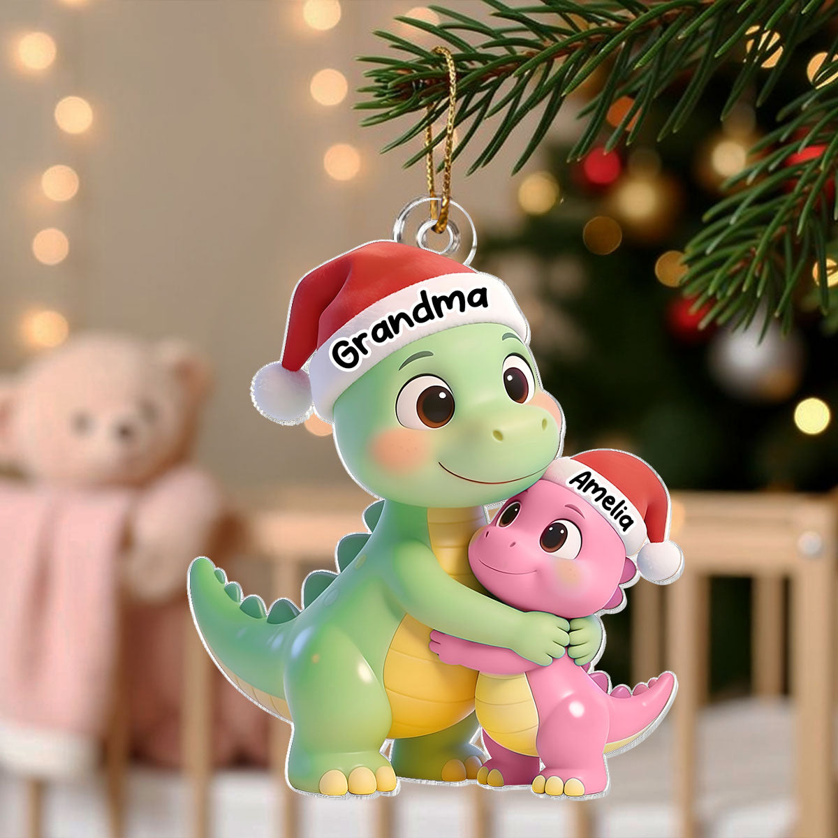 3D Effect Heartwarming Happy Grandmasaurus With Dinosaur Grandkid - Personalized Acrylic Ornament - Gift For Grandkids