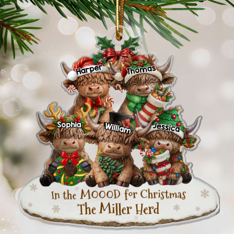 3D Effect Highland Cows Sitting Family Herd In The Moood For Christmas - Personalized Acrylic Ornament