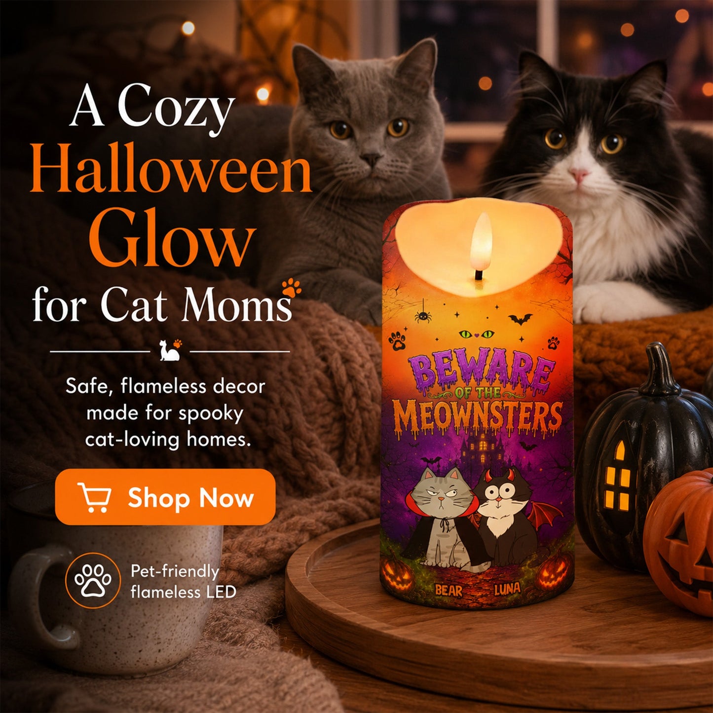 Beware Of The Meownsters - Personalized LED Candle - Purrfect Halloween Decor for Cat Lover