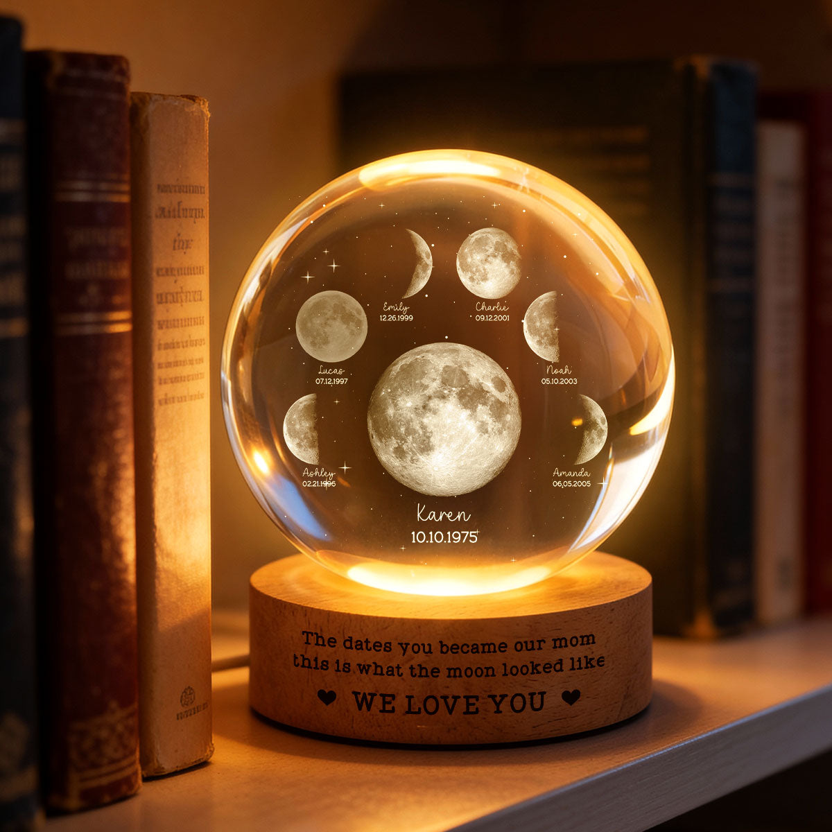 The Date You Became Our Mom - Personalized Crystal Ball LED Night Light - Custom Moon Phase by Date, Mother's Day Gift for Mom, Wife